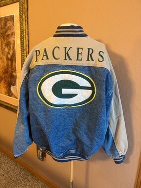 Vintage Green Bay Packers Denim & Tan Varsity Jacket size XL
